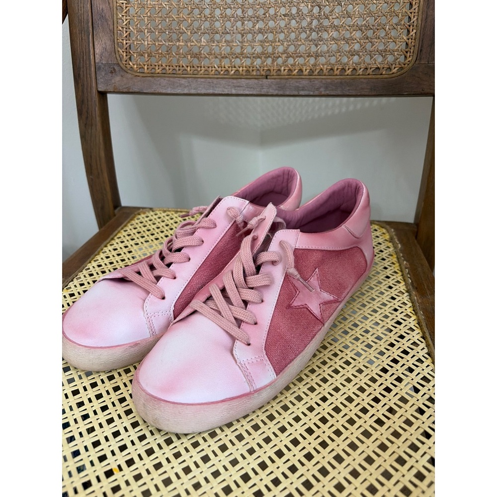 M.i.M. Pink Star Patch Low Top Sneakers Distressed Leather Suede Women Shoes